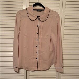 Allegra K Light Pink Blouse with Black Piping